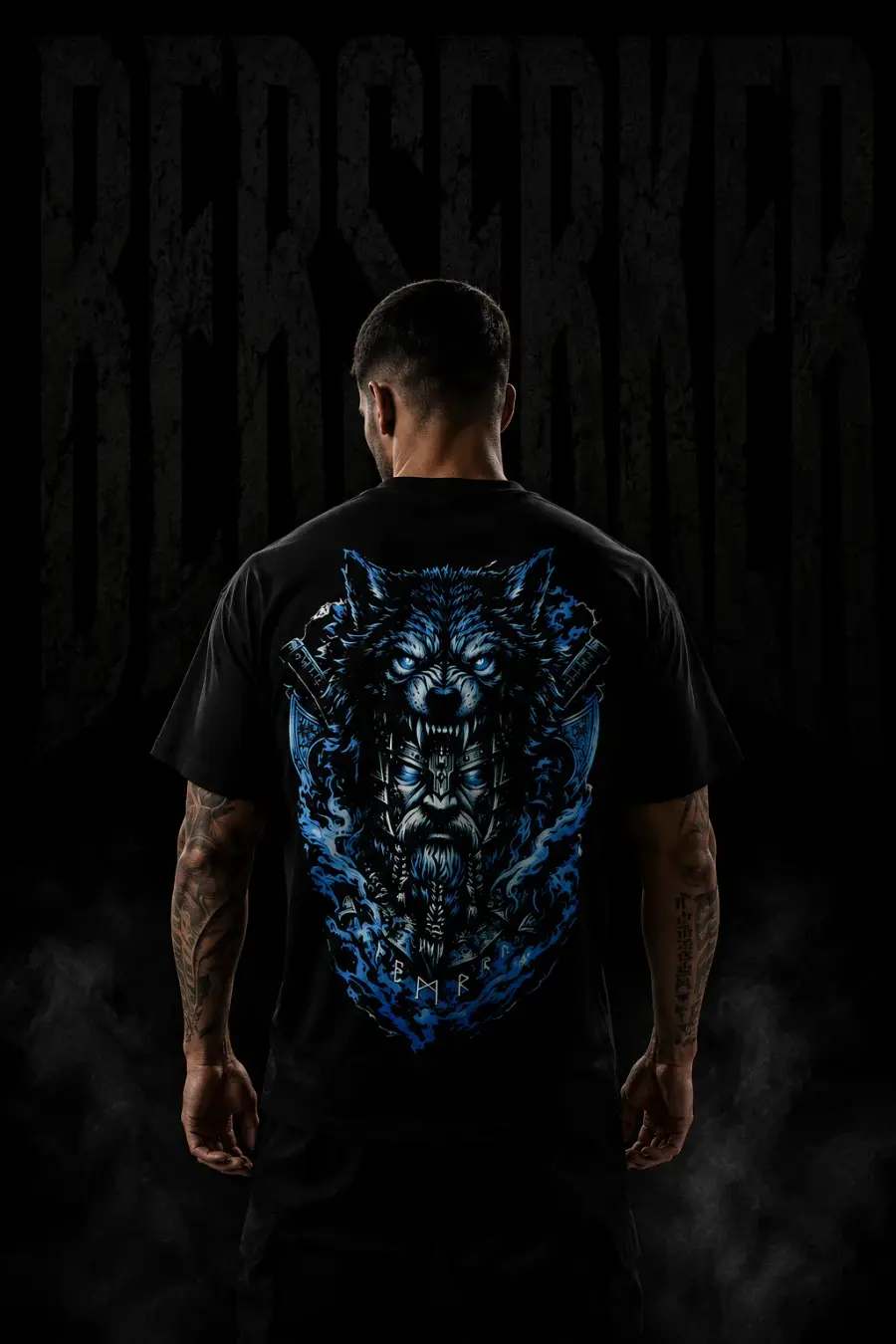 Espalda de la camiseta Berserker con el lobo azul