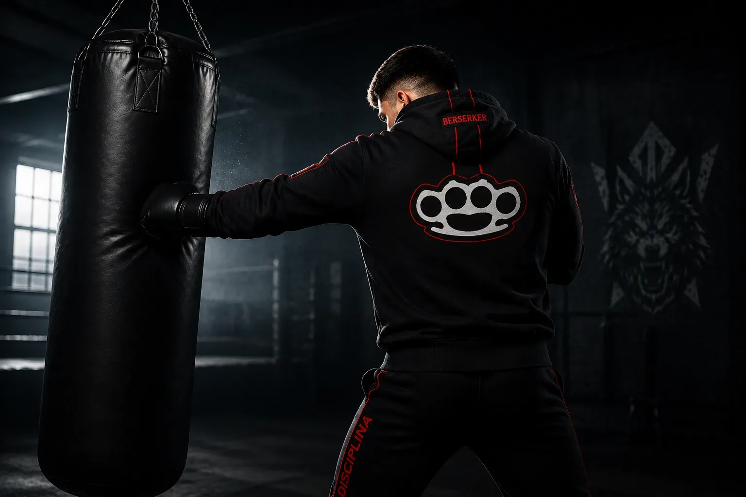Boxeador con sudadera Berserker golpeando el saco