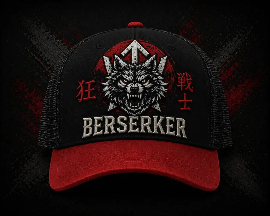 Gorra trucker Samurái Berserker negra y roja, vista frontal