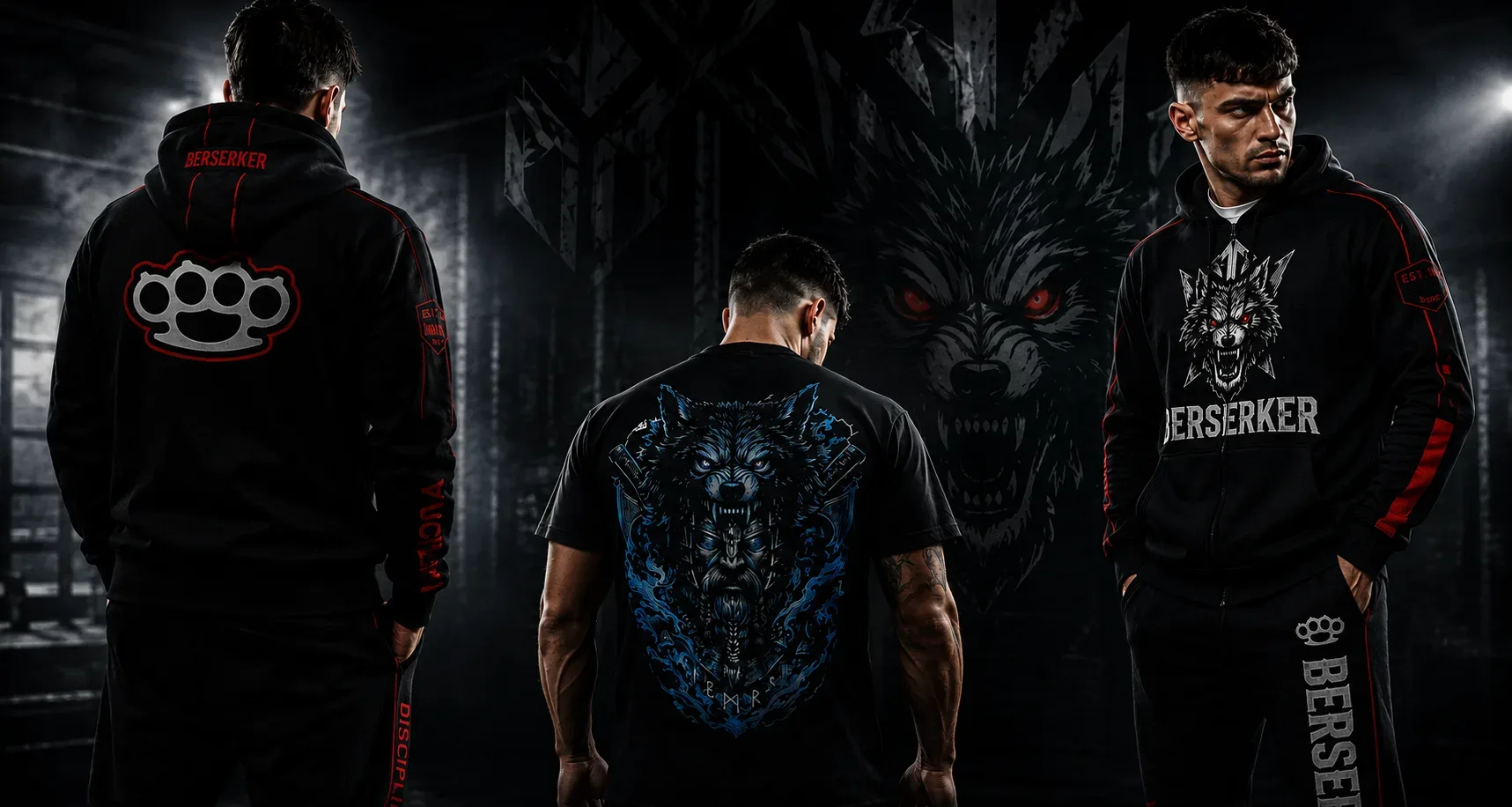 Luchadores con sudaderas y camisetas Berserker frente al lobo de la marca