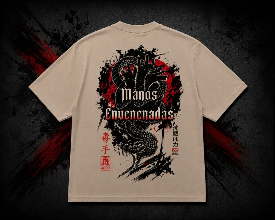 Camiseta Manos Envenenadas color arena con serpiente y mano vendada