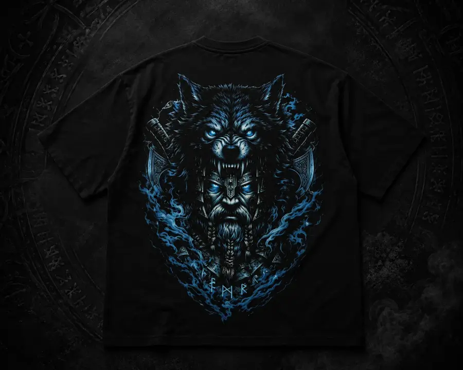 Camiseta Berserker con lobo nórdico azul, espalda