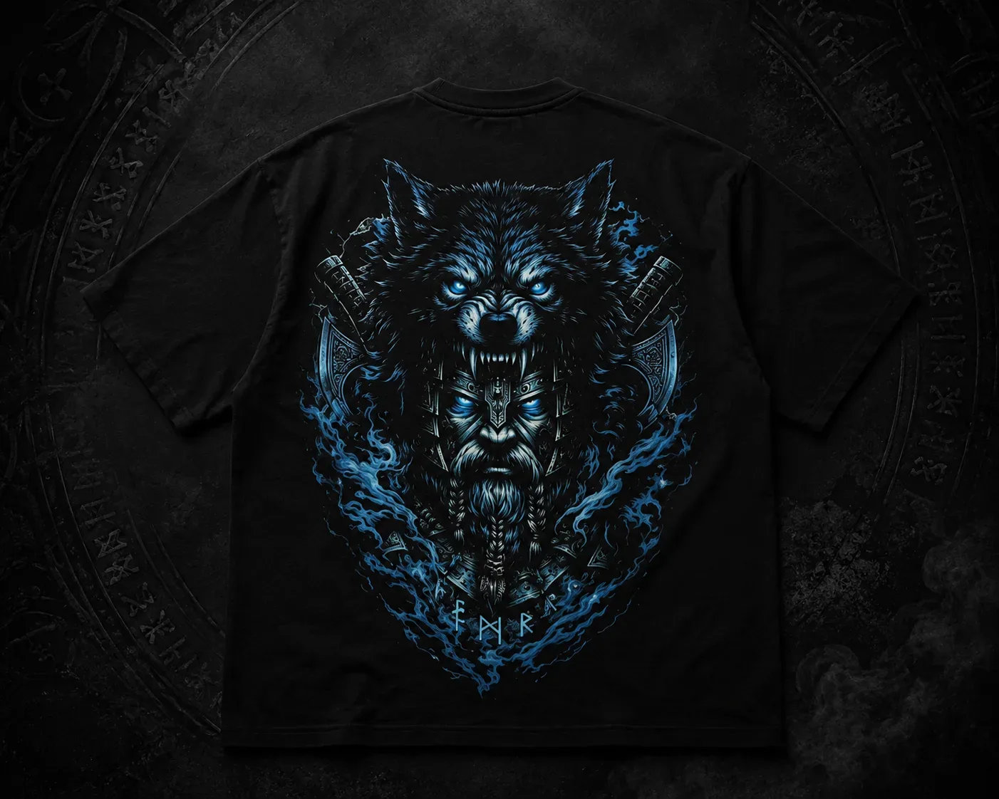 Camiseta Berserker con lobo nórdico azul, espalda