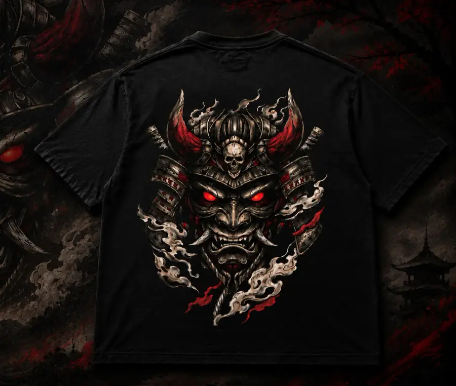 Camiseta Oni negra con máscara demoníaca roja